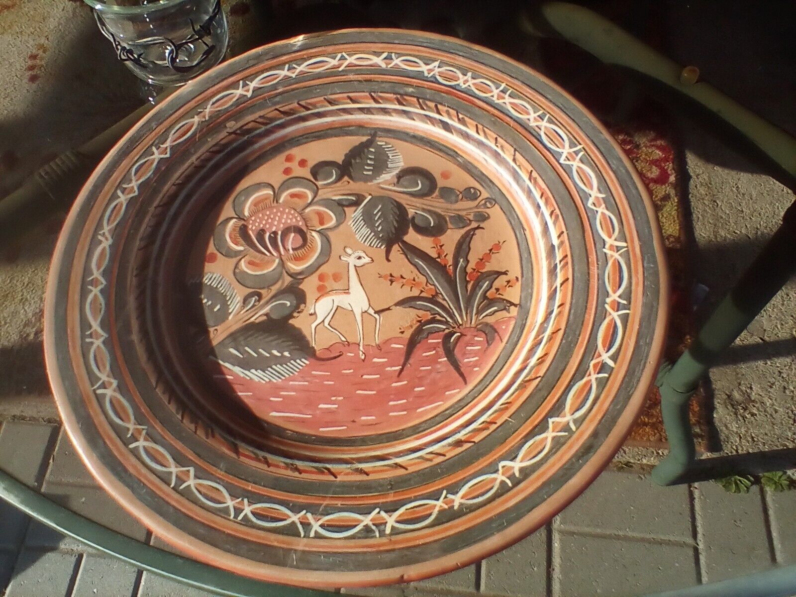 Vintage Jose Bernabe Tonaca Mexico hand painted red clay folk art pottery plate