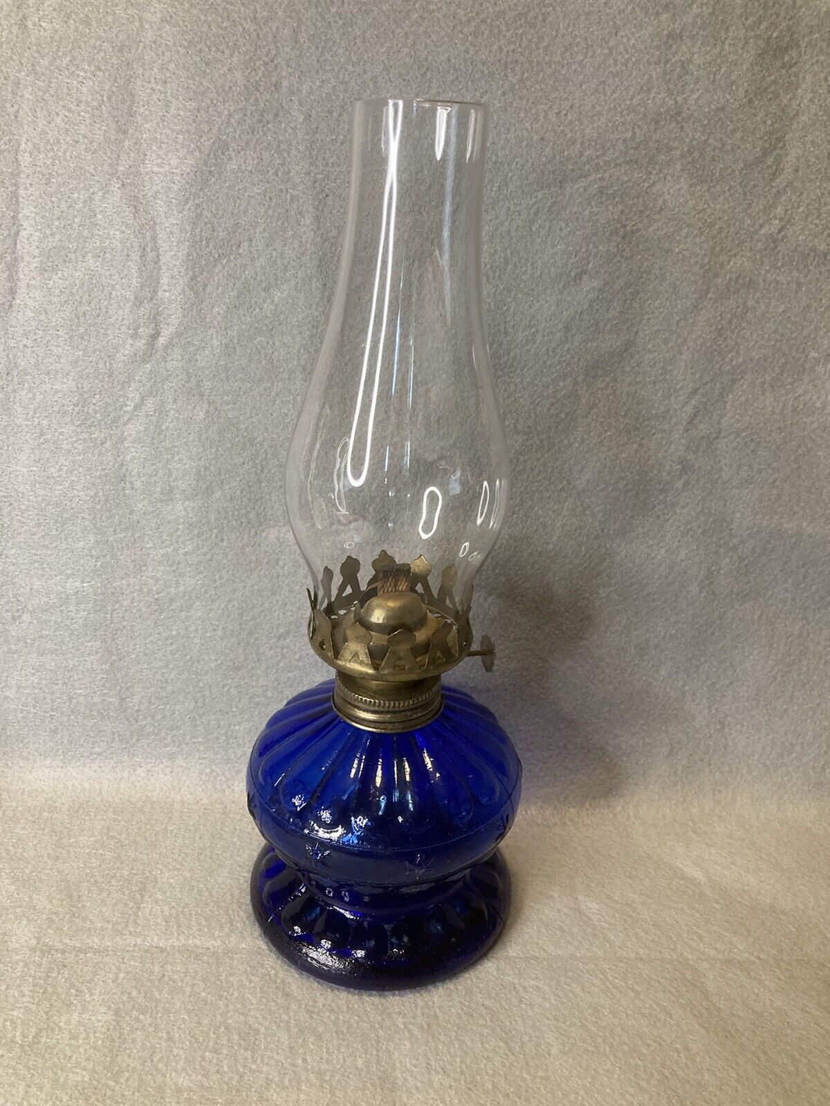 Vintage Cobalt Blue Glass Small Oil Lamp Hurricane Hong Kong 11 Inches Tall