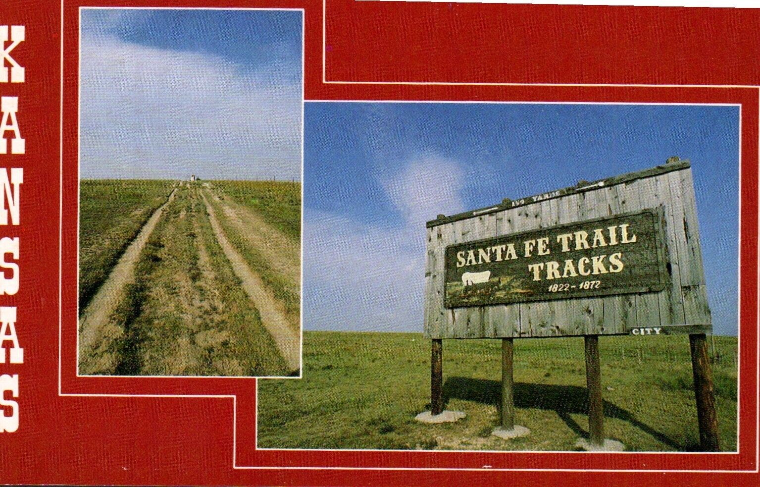 Dual View Santa Fe Trail Tracks sign Greetings from Kansas Postcard