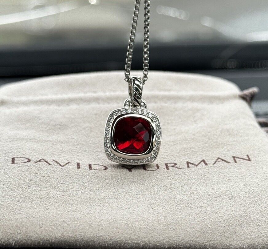 David Yurman Sterling Silver Albion Pendant 11mm Red Garnet and Diamonds 18 Inch