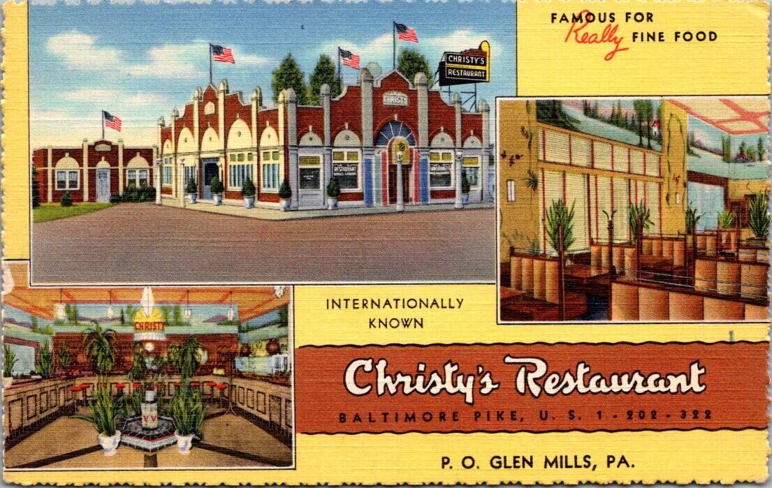 Linen Postcard Christy\'s Restaurant, Baltimore Pike in Glen Mills, Pennsylvania