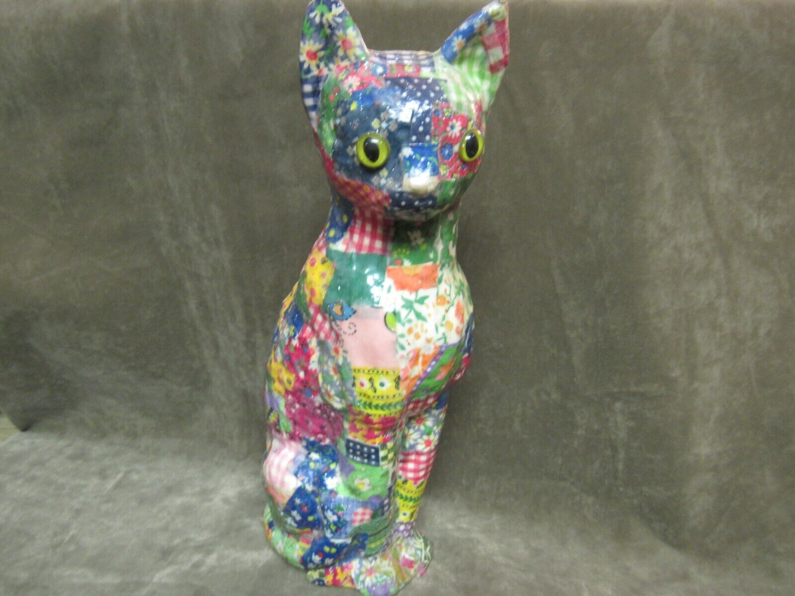 1970\'s Calico Patchwork Plaster/Chalkware Kitty Cat Standing Statue w/Glass Eyes