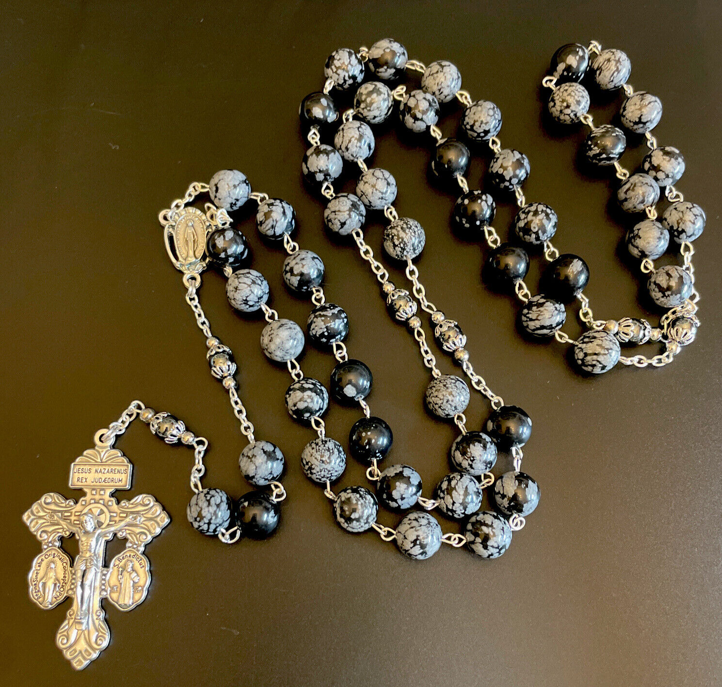 Semi Precious Snowflake Obsidian 10mm Stone 28” Rosary Creed Ctr Pardon Crucifix