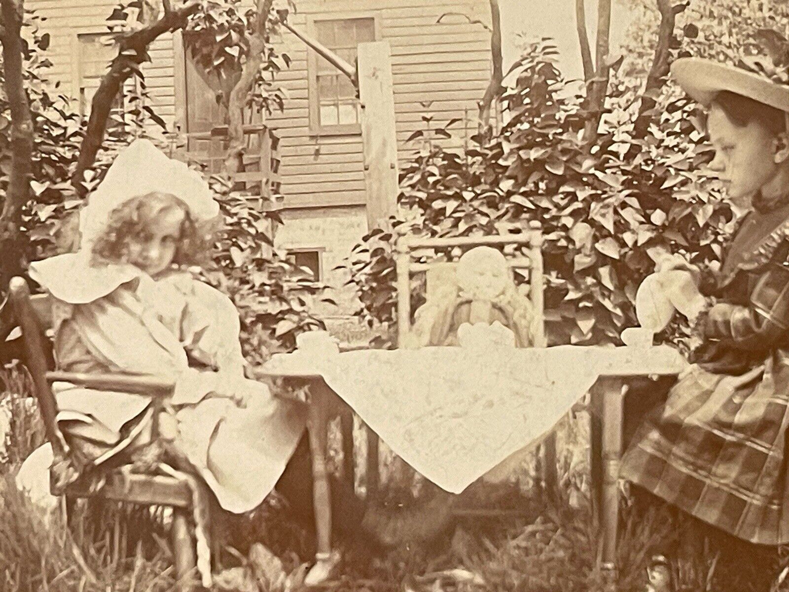 Antique Photo Two Little Girls Outdoor Tea Party w/ Doll
