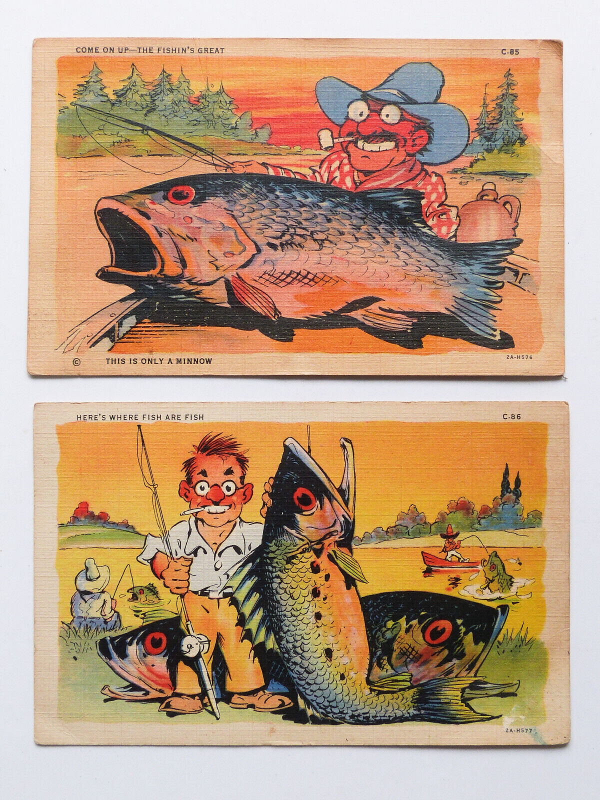 2 vtg Postcards Funny Fishing. Giant fish