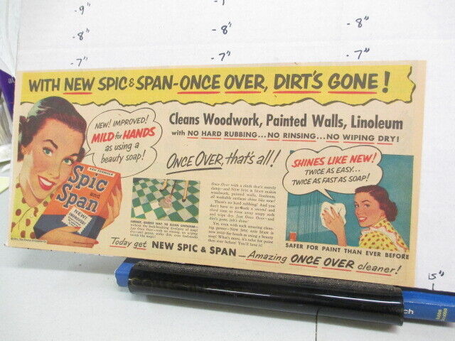 newspaper ad 1951 SPIC N SPAN household cleaner soap detergent housewife YELLOW