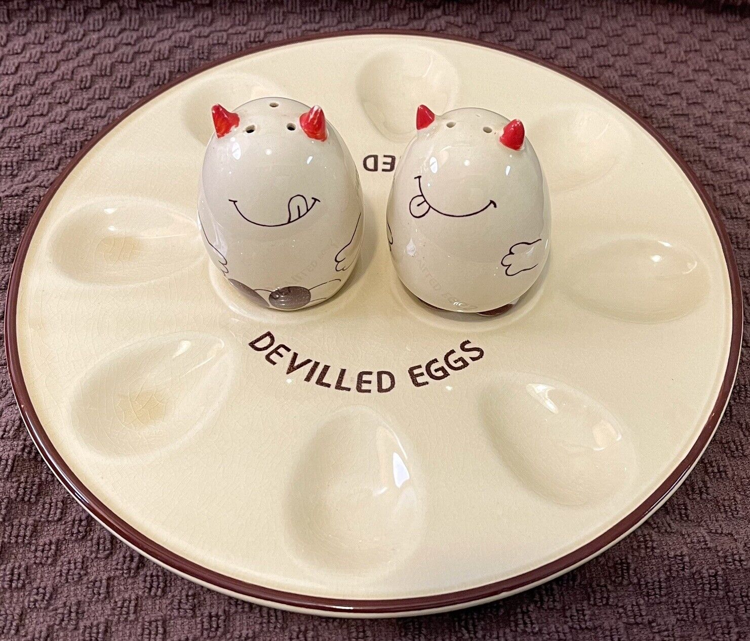 Vintage MCM Deviled Egg Plate & Devil Salt Pepper Shakers Japan LaGardo Tackett