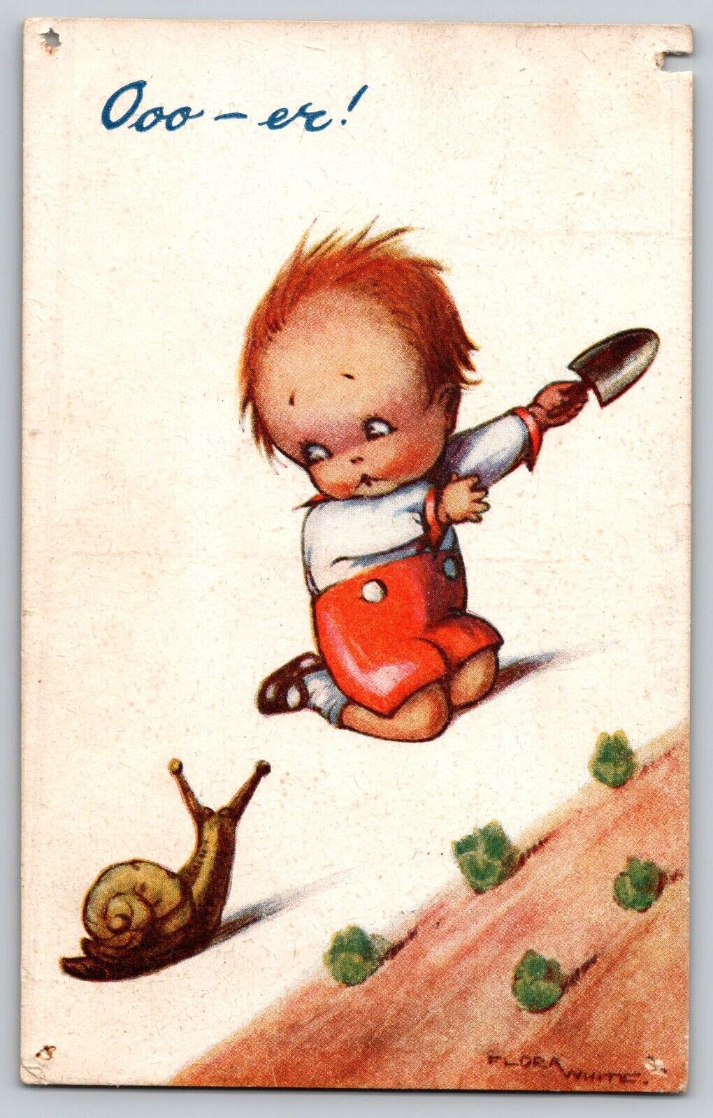 Flora White Artist Signed Vintage Postcard -Child In Garden With Snail-Posted