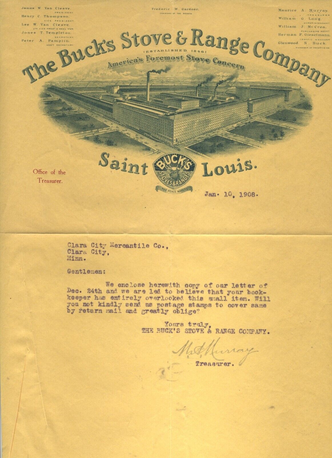 GRAPHIC 1908 LETTERHEAD ST. LOUIS MISSOURI BUCKS STOVE & RANGE CO.