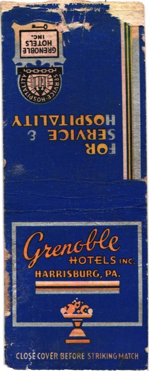 Grenoble Hotels, Inc. Harrisburg, Pennsylvania Vintage Matchbook Cover