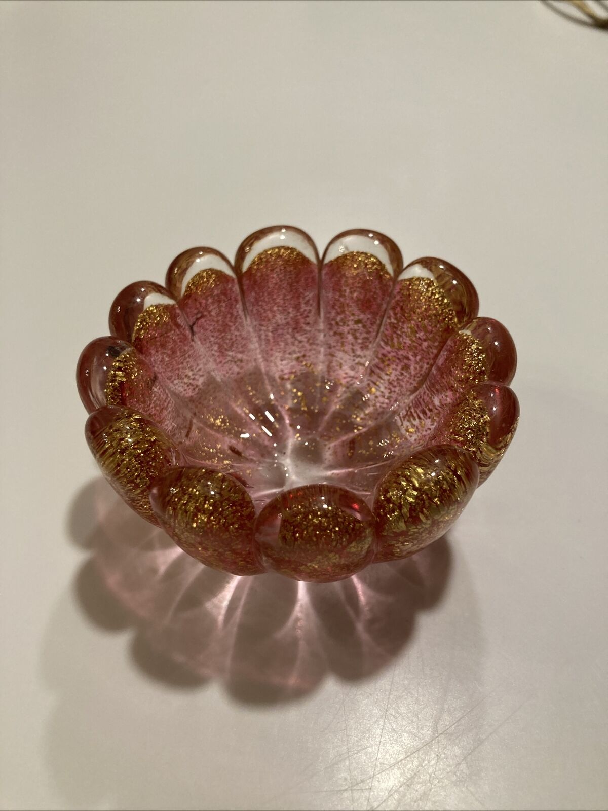 VTG Seguso Murano Miniature Pink Glass Trinket Dish With Gold Flecks 3\