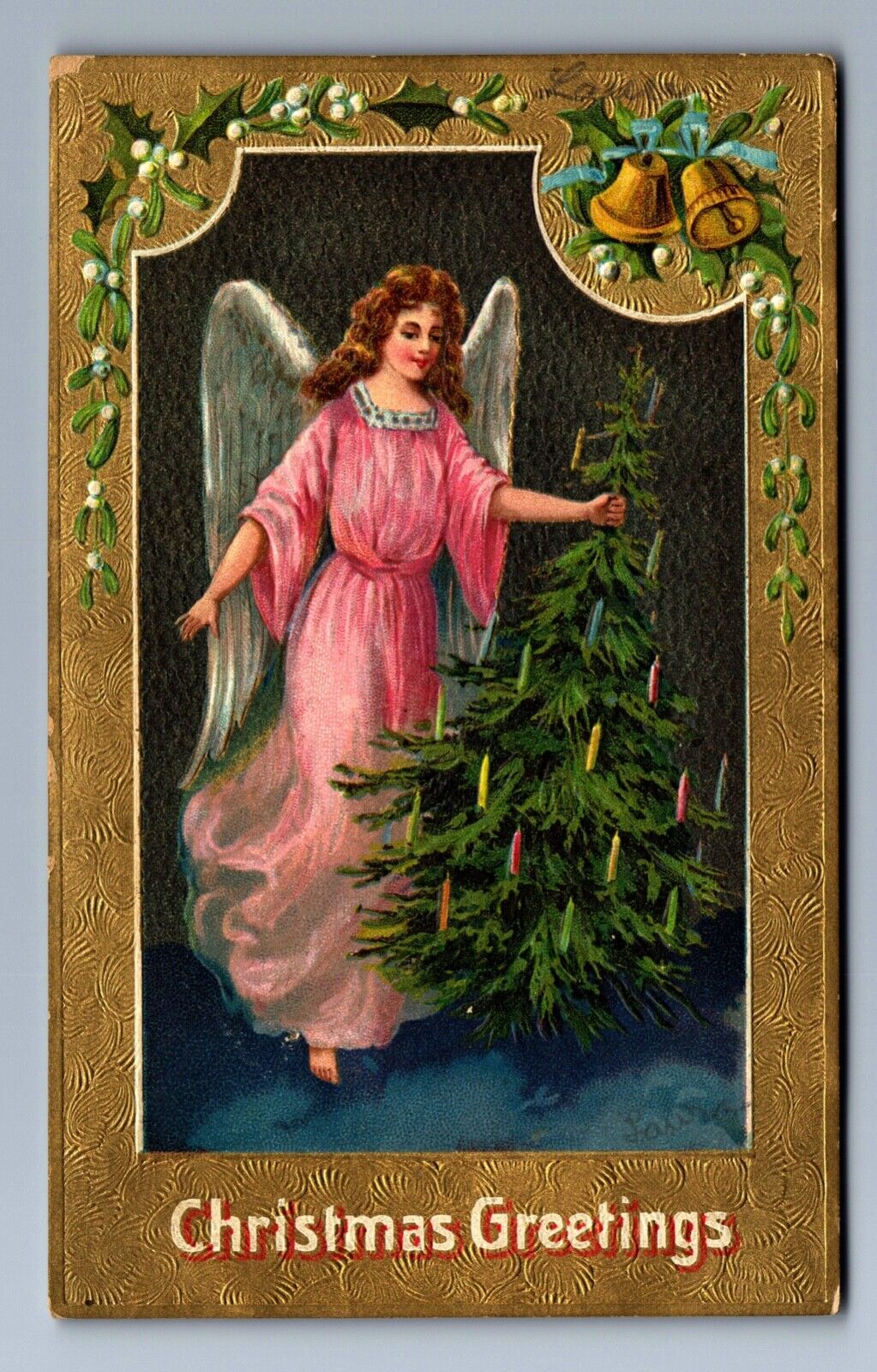 C.1910 BEAUTIFUL FLYING CHERUB ANGEL, PINK, TREE, CANDLES CHRISTMAS Postcard P18