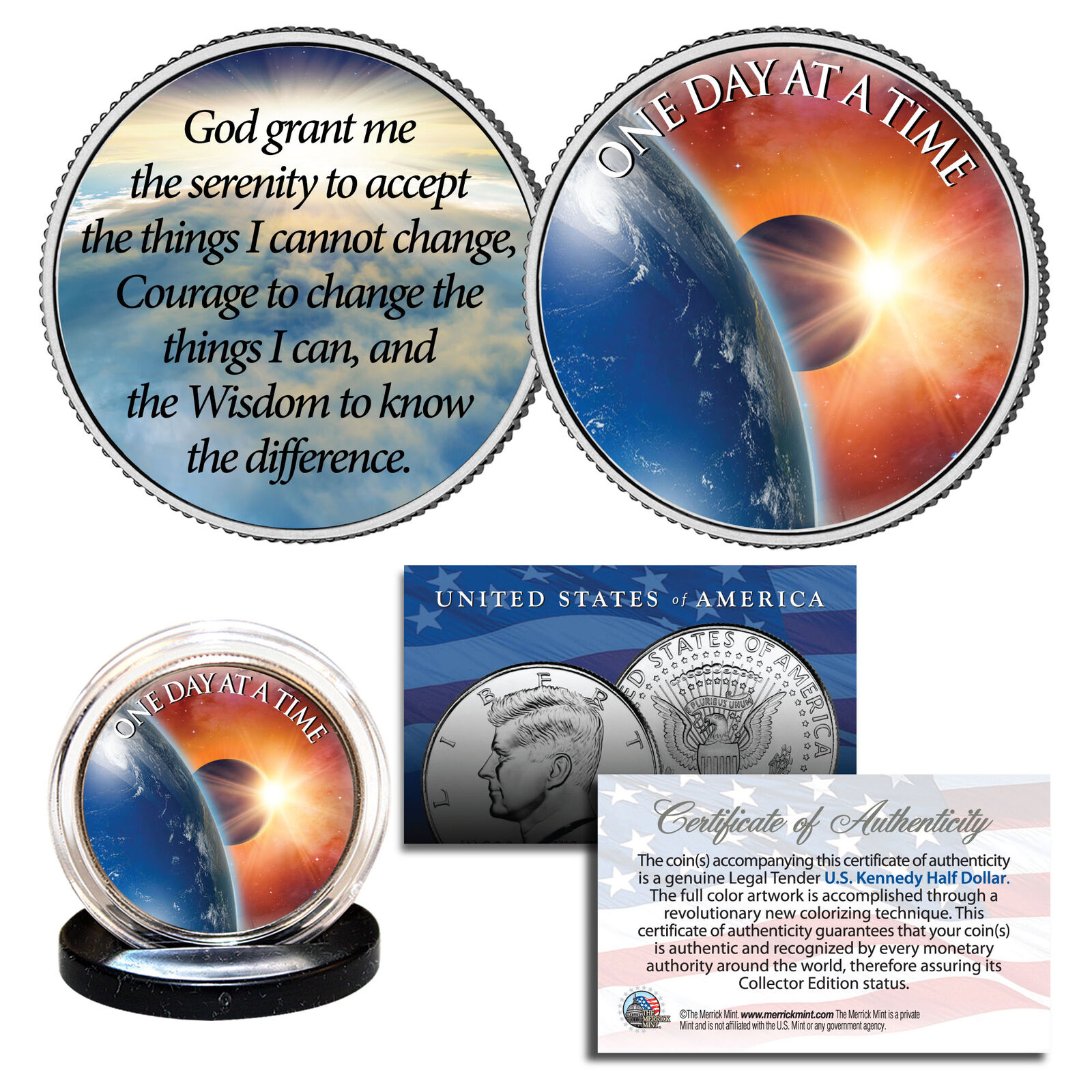 ONE DAY AT A TIME Sun Moon Earth Pray 2-Sided JFK Half Dollar Holy Spirit Coin