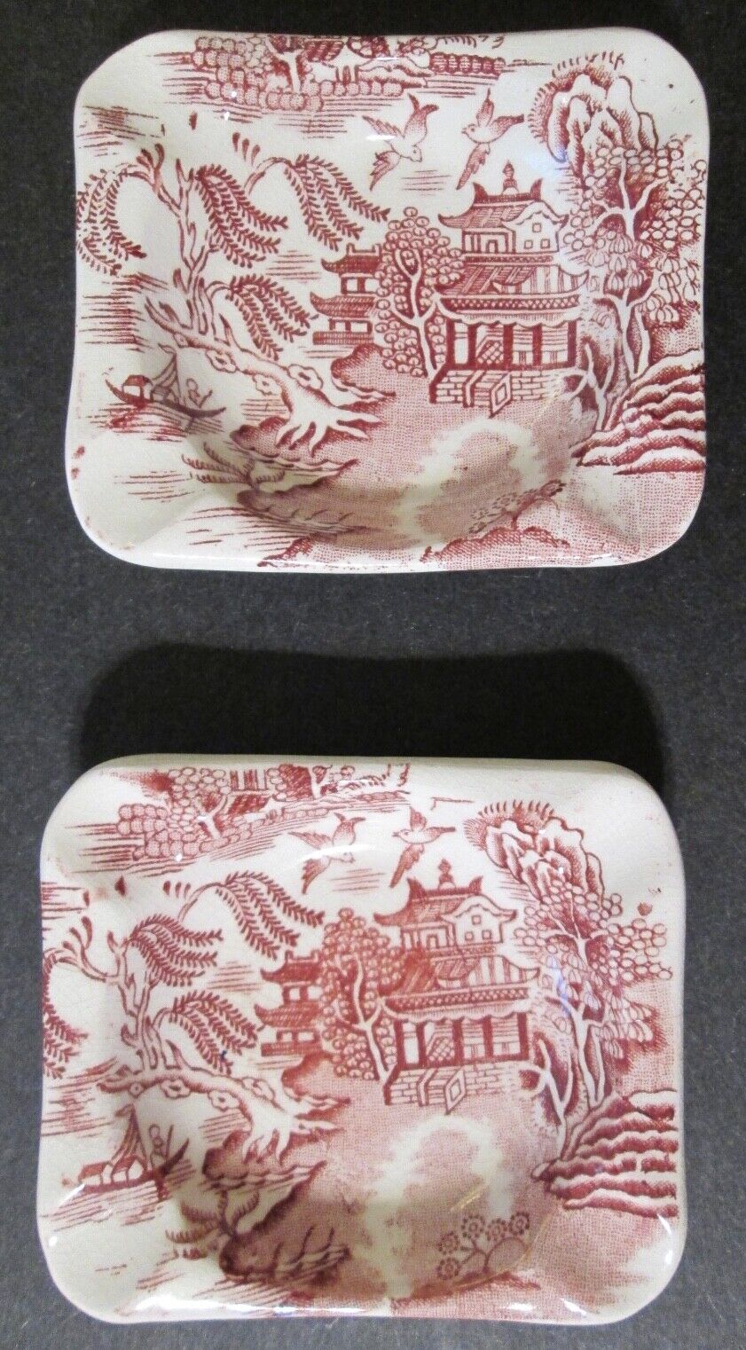 TWO VINTAGE ROYAL ALMA ENGLAND ASHTRAYS  Porcelain w/ Asian Motif ~ 3” x 2 3/4”