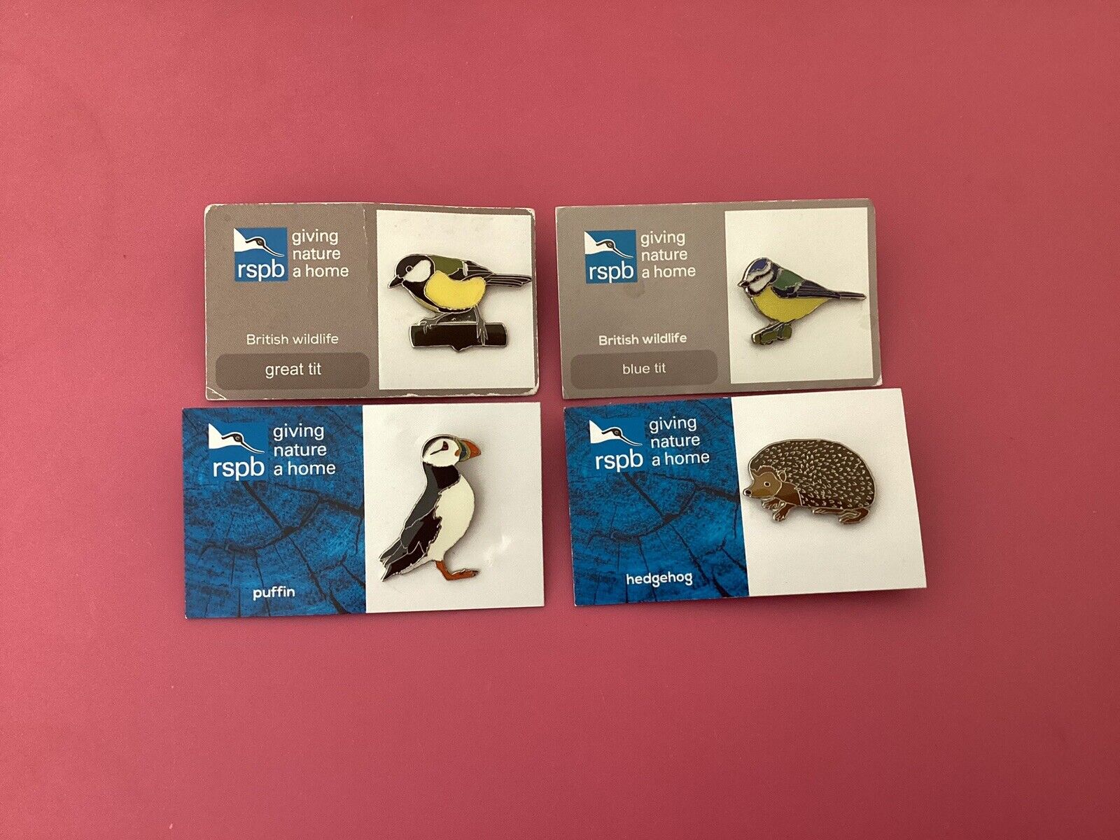 4 (FOUR) RSPB ENAMEL PIN BADGES … EACH NEW AND ITS DISCONTINUED RSPB CARD