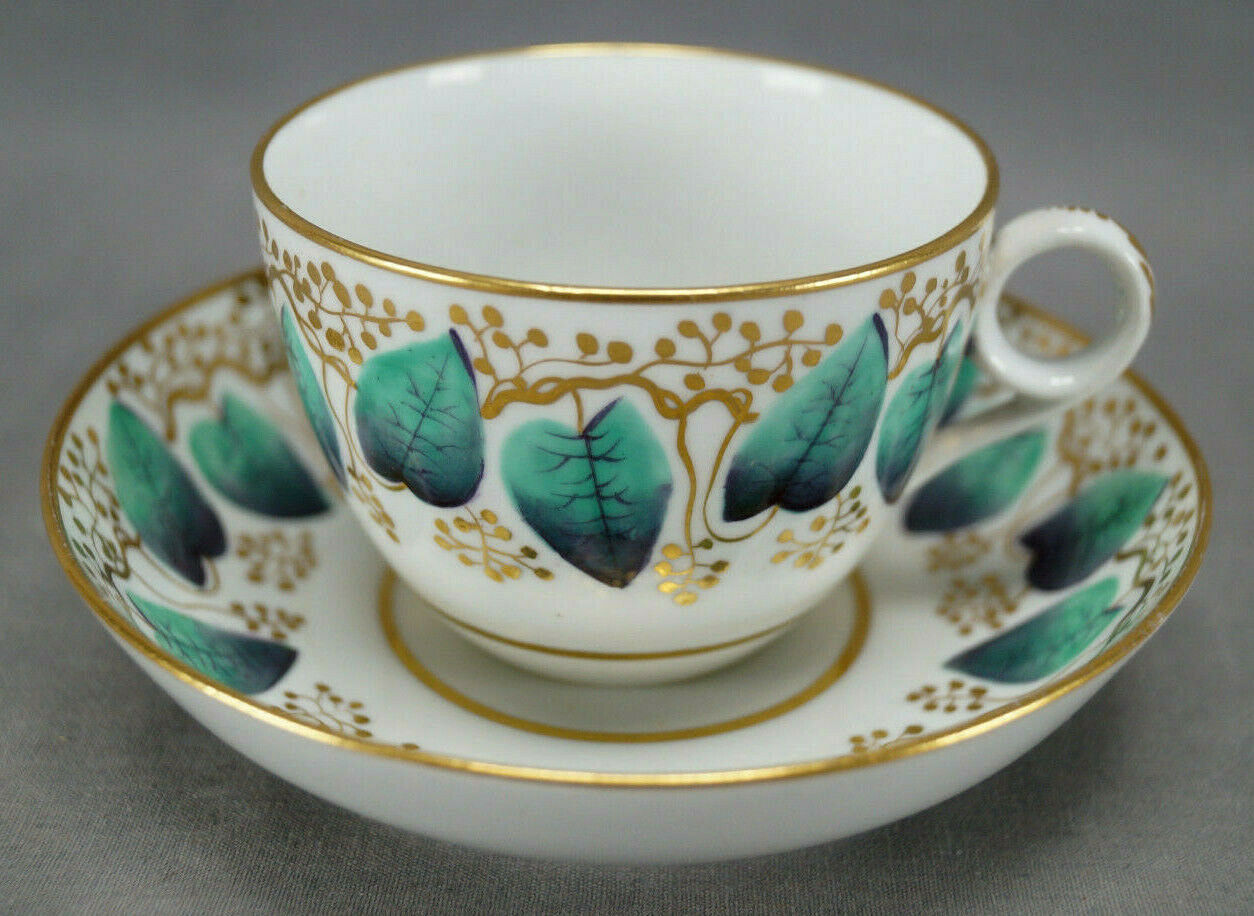 Machin Pattern 148 Green Leaves & Gold Tea Cup & Saucer Circa 1800-1815 B