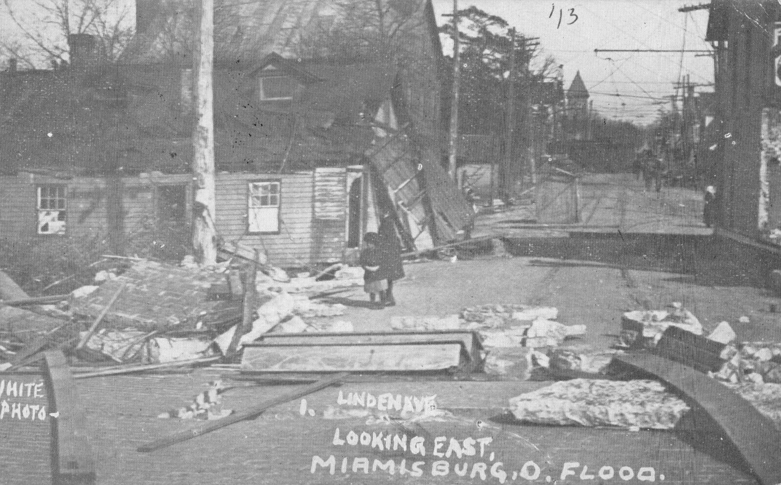 RPPC FLOOD Antique 1913 Postcard LINDEN Ave (looking east) MIAMISBURG, Ohio