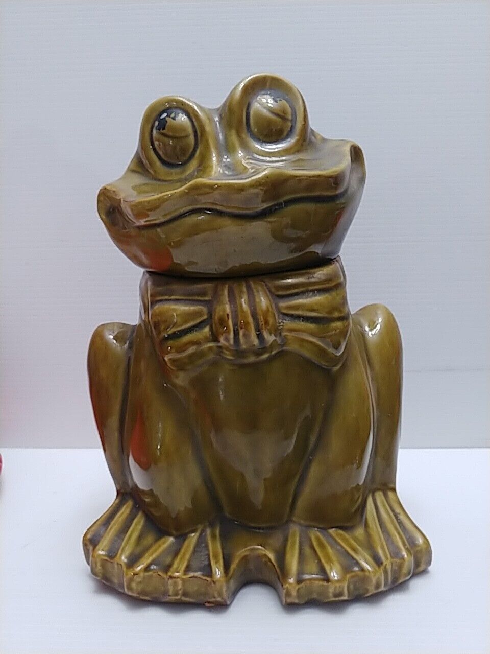 Vintage 1960s California USA Pottery Green Frog Cookie Jar MCM