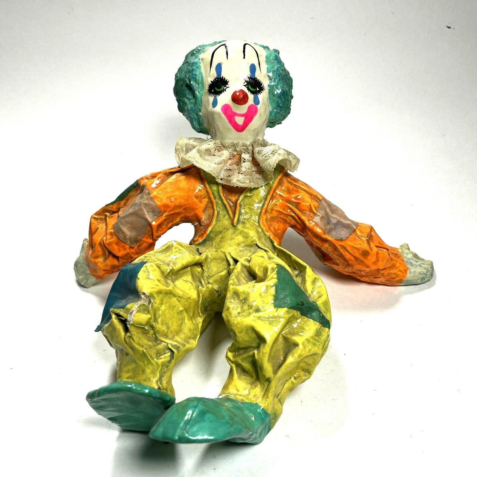 Vintage Paper Mâché Clown Sweet Face Circa 1960’s Lace Collar Sitting Laid Back