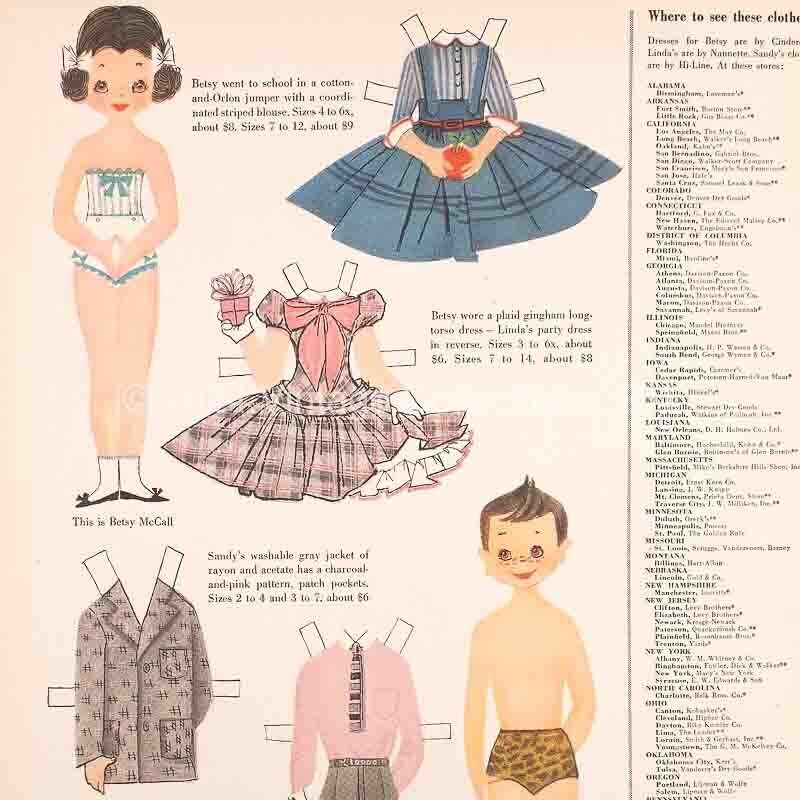 1955 Betsy McCall Sandy Linda Nosy Birthday Party Paper Doll art vintage ad
