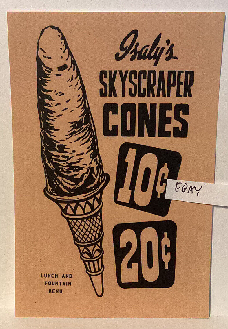 EARLY ISALY’S SKYSCRAPER ICE CREAM CONES 10¢ 20¢ DAIRY ADVERTISING NEW POSTCARD