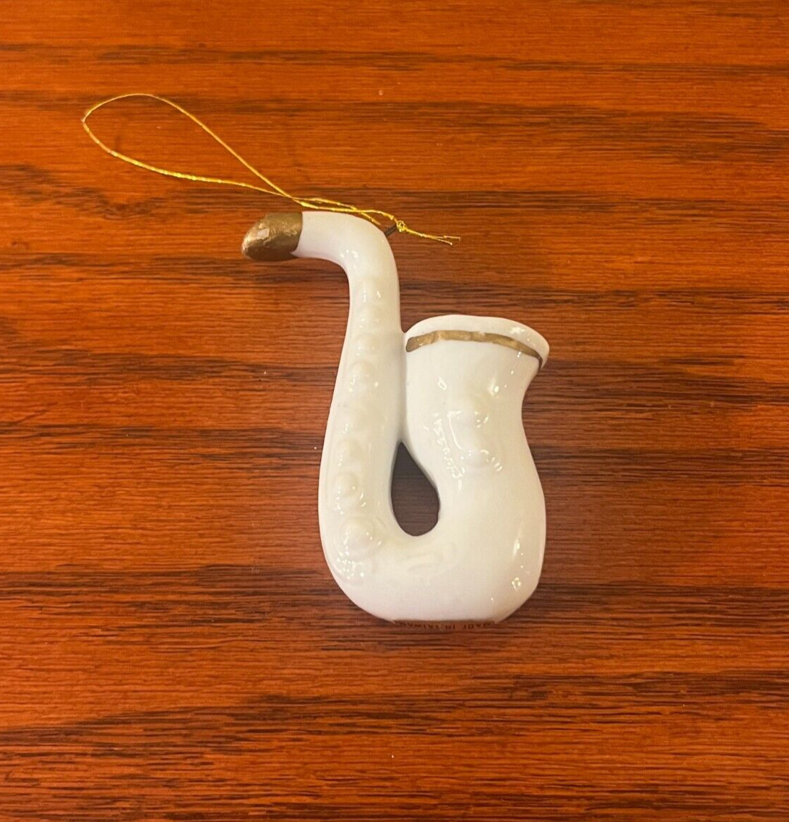 70\'s Saxophone Christmas Ornament Vintage White Porcelain Gold Accent Rare Cute