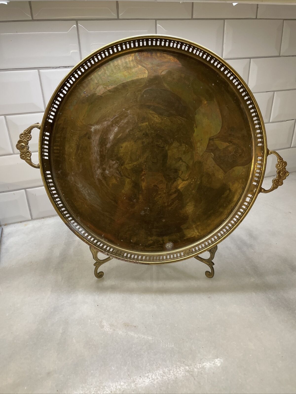 Vintage Brass Tray with Floral Handles 🌸 Round