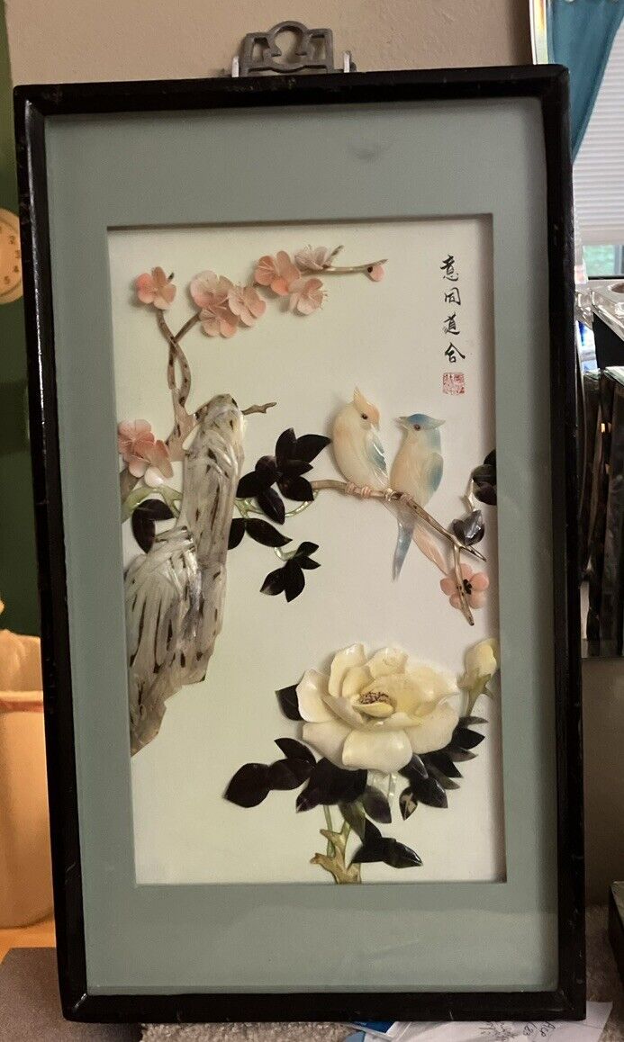 Vintage chinese or japanese mother of pearl carved Flowers picture