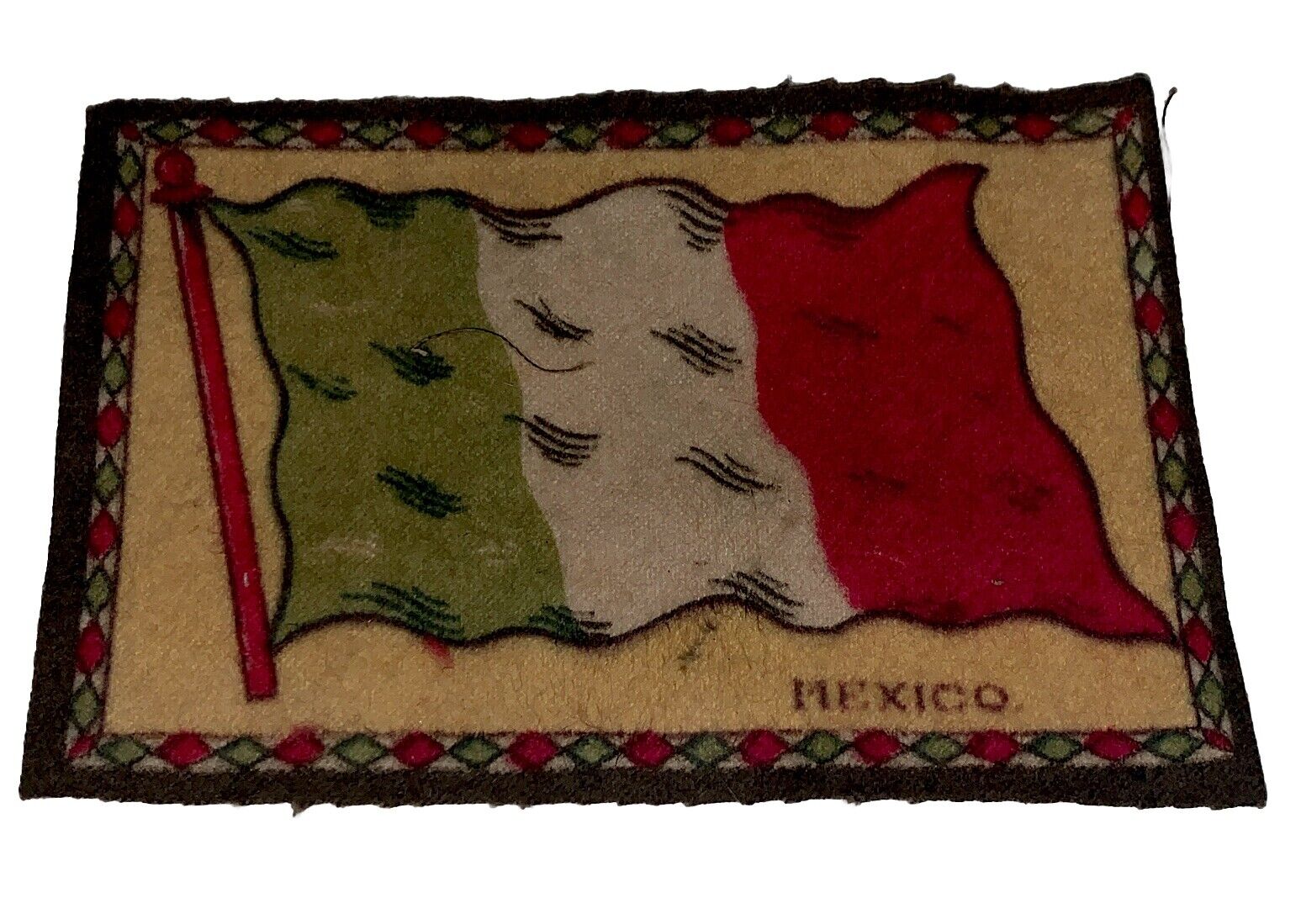 Antique 1900s Tabacco Felt Mexico Flag @ 5-1/4” X 3-1/2”
