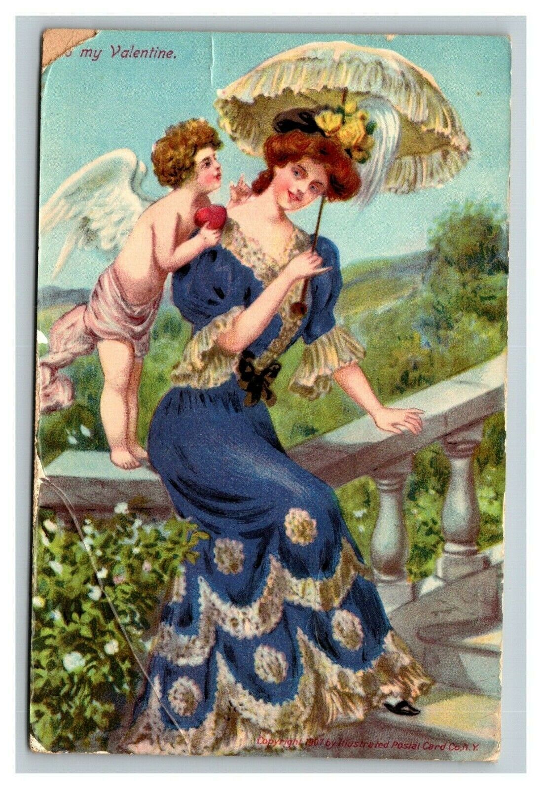 Vintage 1907 Valentine Postcard Cupid on Beautiful Woman's Shoulder Lacquer Face