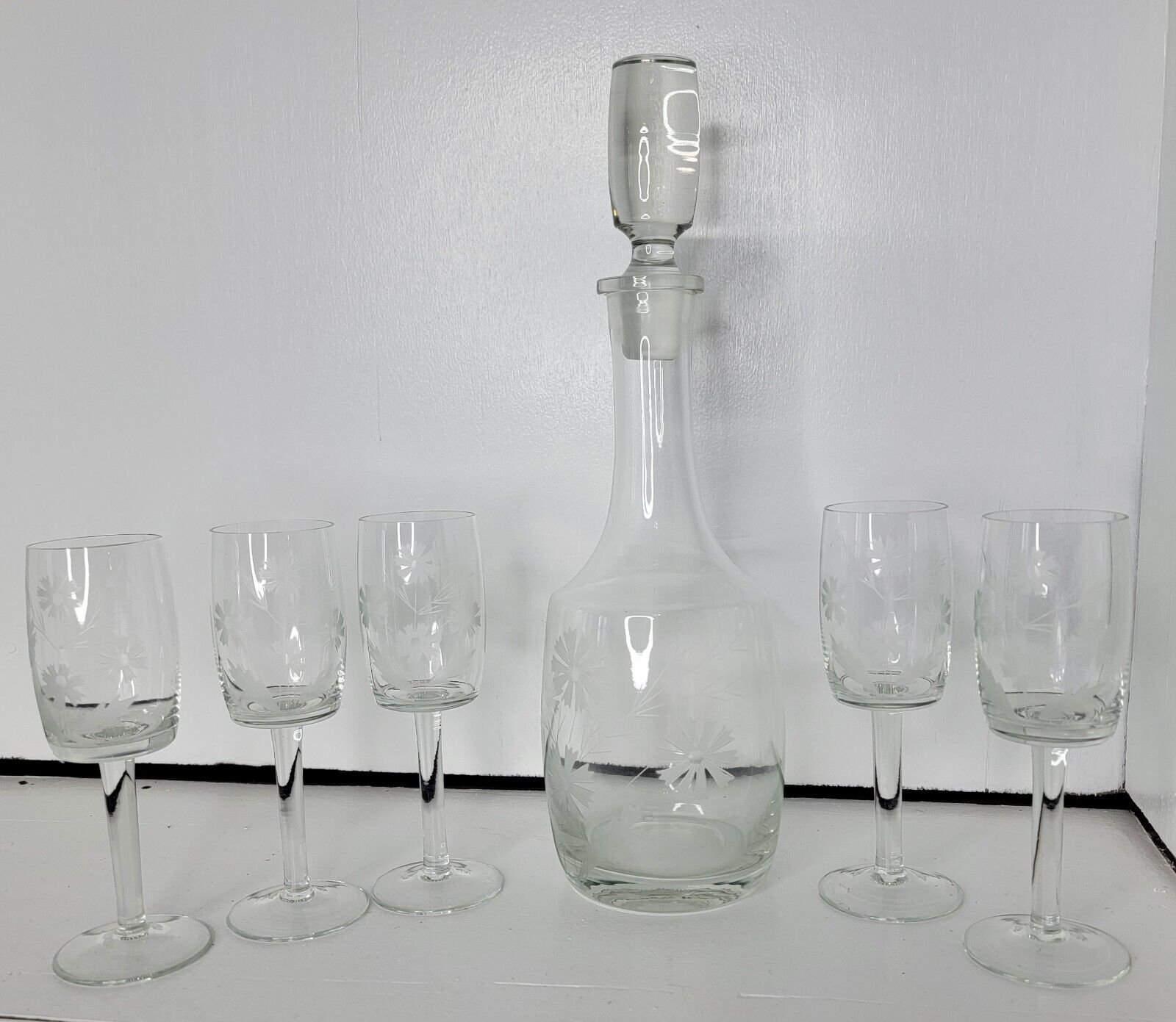Vintage Etched Glass Sherry Decanter with 5 Glasses - Grape Vine