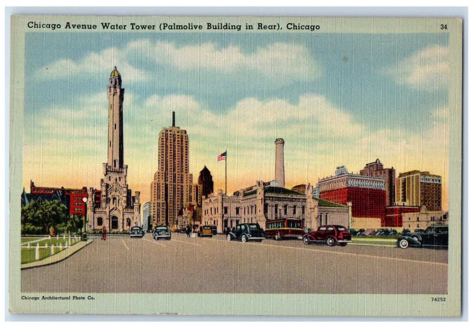 c1940's Chicago Ave Water Tower (Palmolive Building in Rear) Chicago IL Postcard