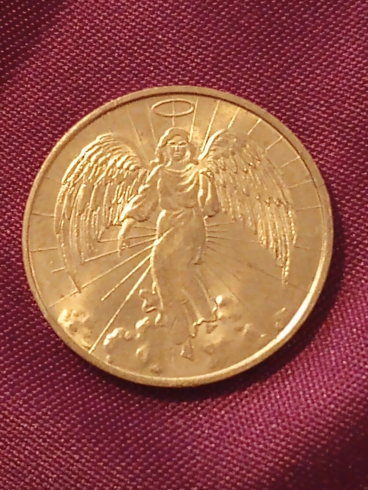 Vintage Guardian Angel Token Coin Medal Gold Tone Metal Halo Wings Christianity