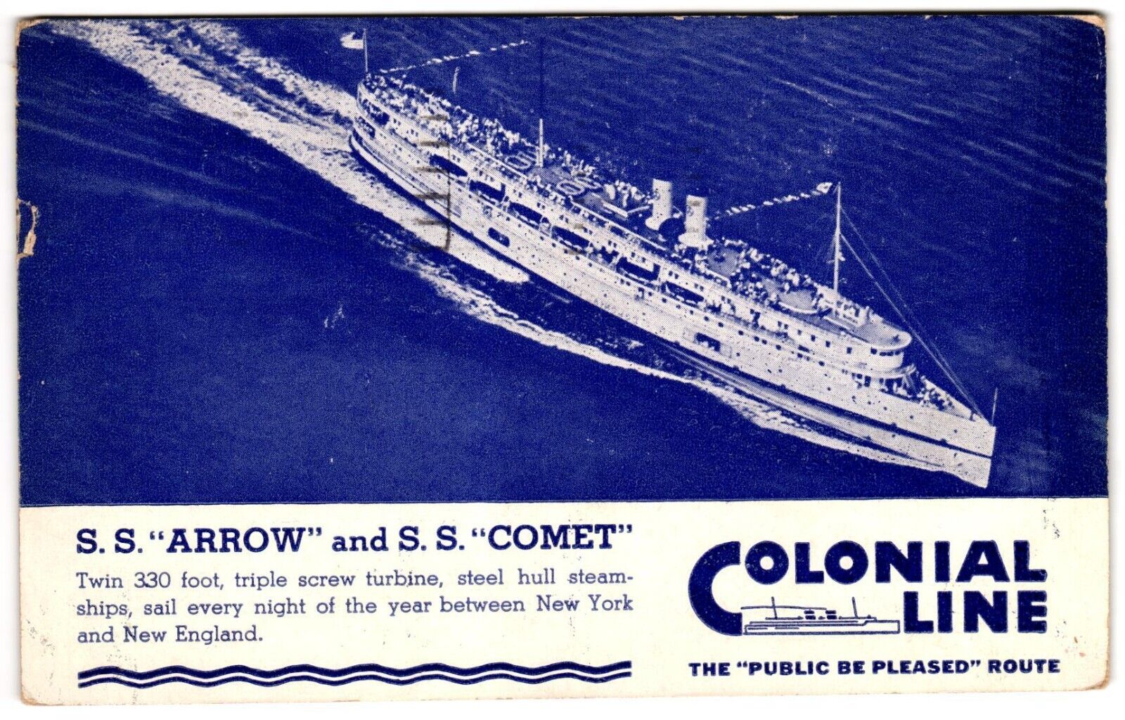 Colonial Line Advertisement SS Arrow SS Comet New York Providence 1930s Postcard