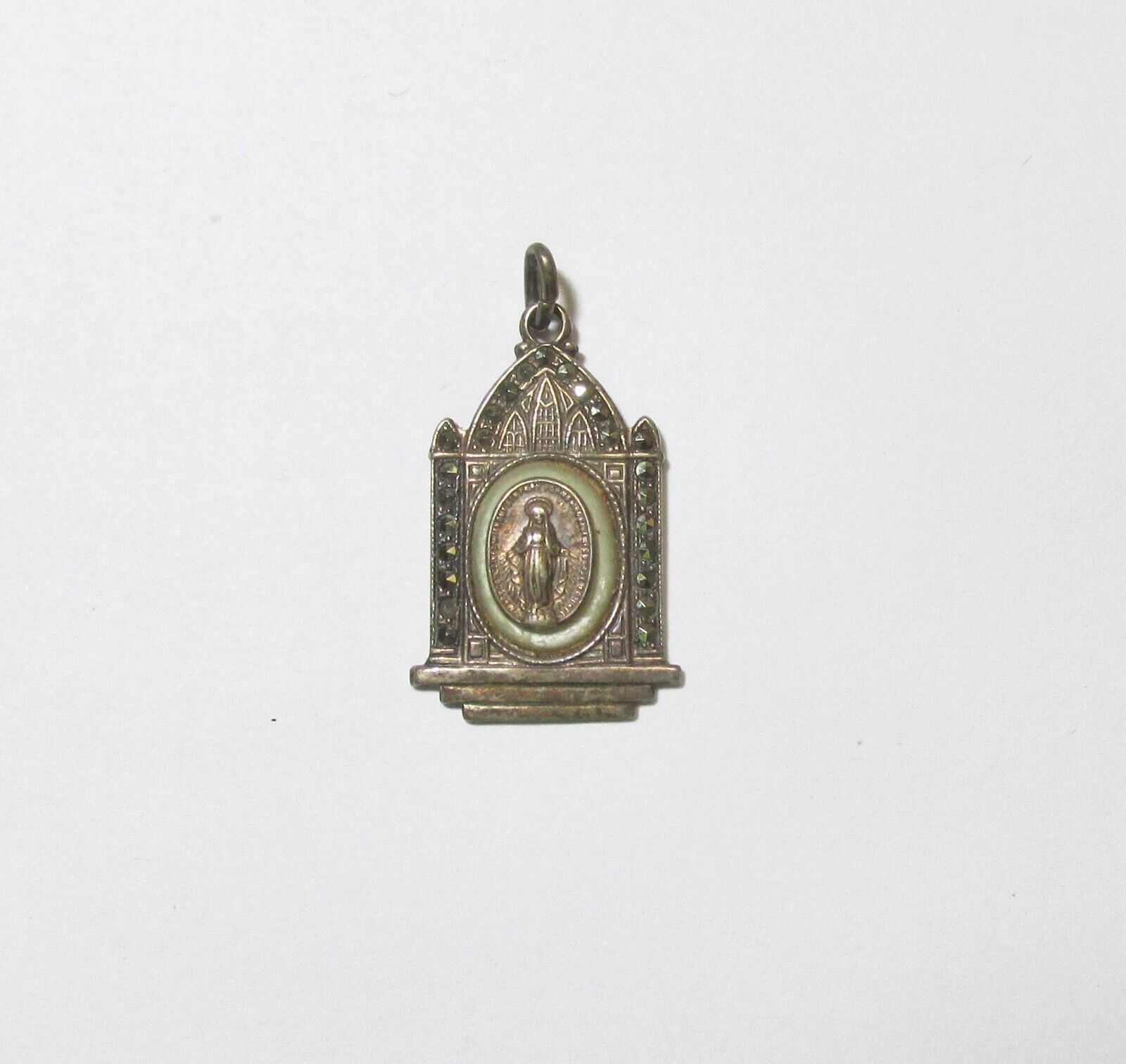 Vintage Sterling Silver Marcasite Virgin Mary Medal Pendant
