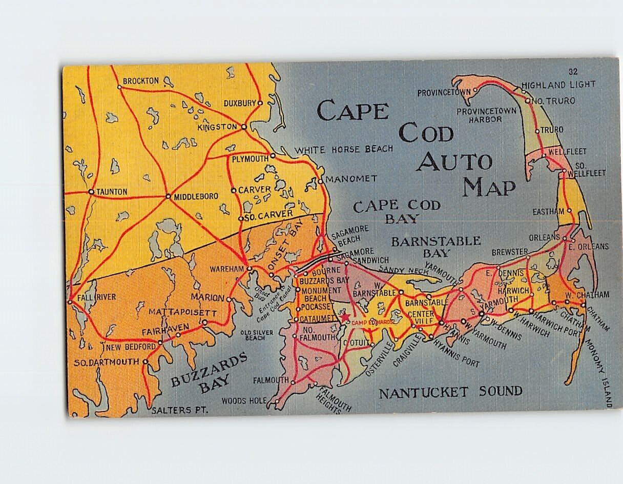 Postcard Cape Cod Auto Map, Cape Cod, Massachusetts