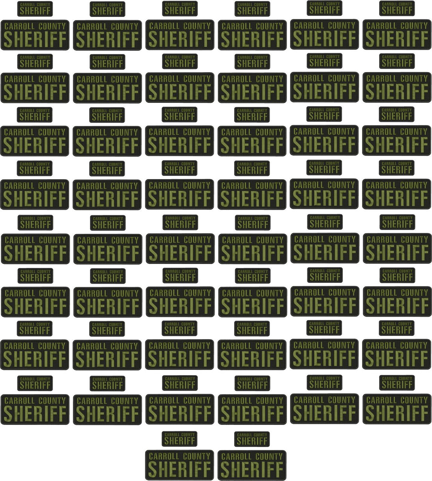 CARROLL COUNTY SHERIFF  50 SET EMB PATCH 4X10 AND 2X5 HOOK ON BACK BLK/OD GREEN