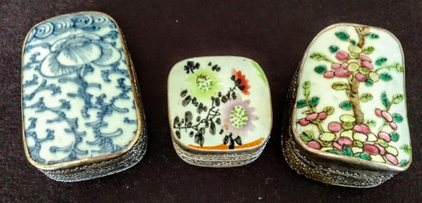 Antique Chinese Silver Trinket Boxes 3 w-Porcelain Hand Inlaid Tops Early 1900\'s