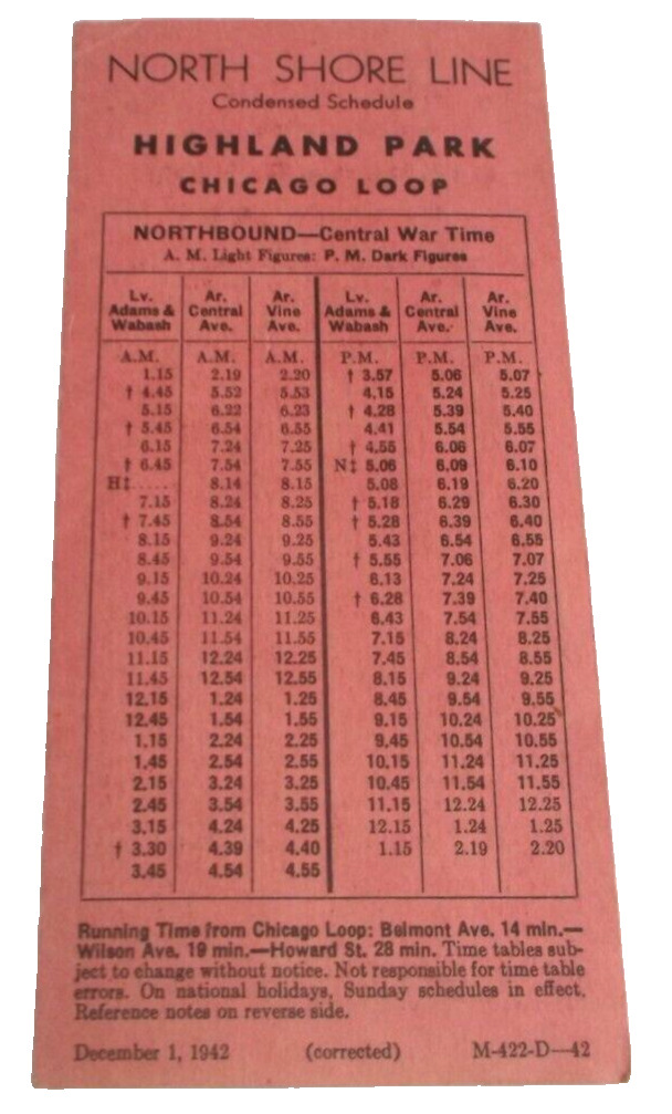 DECEMBER 1942 CNS&M NORTH SHORE LINE HIGHLAND PARK PUBLIC TIMETABLE