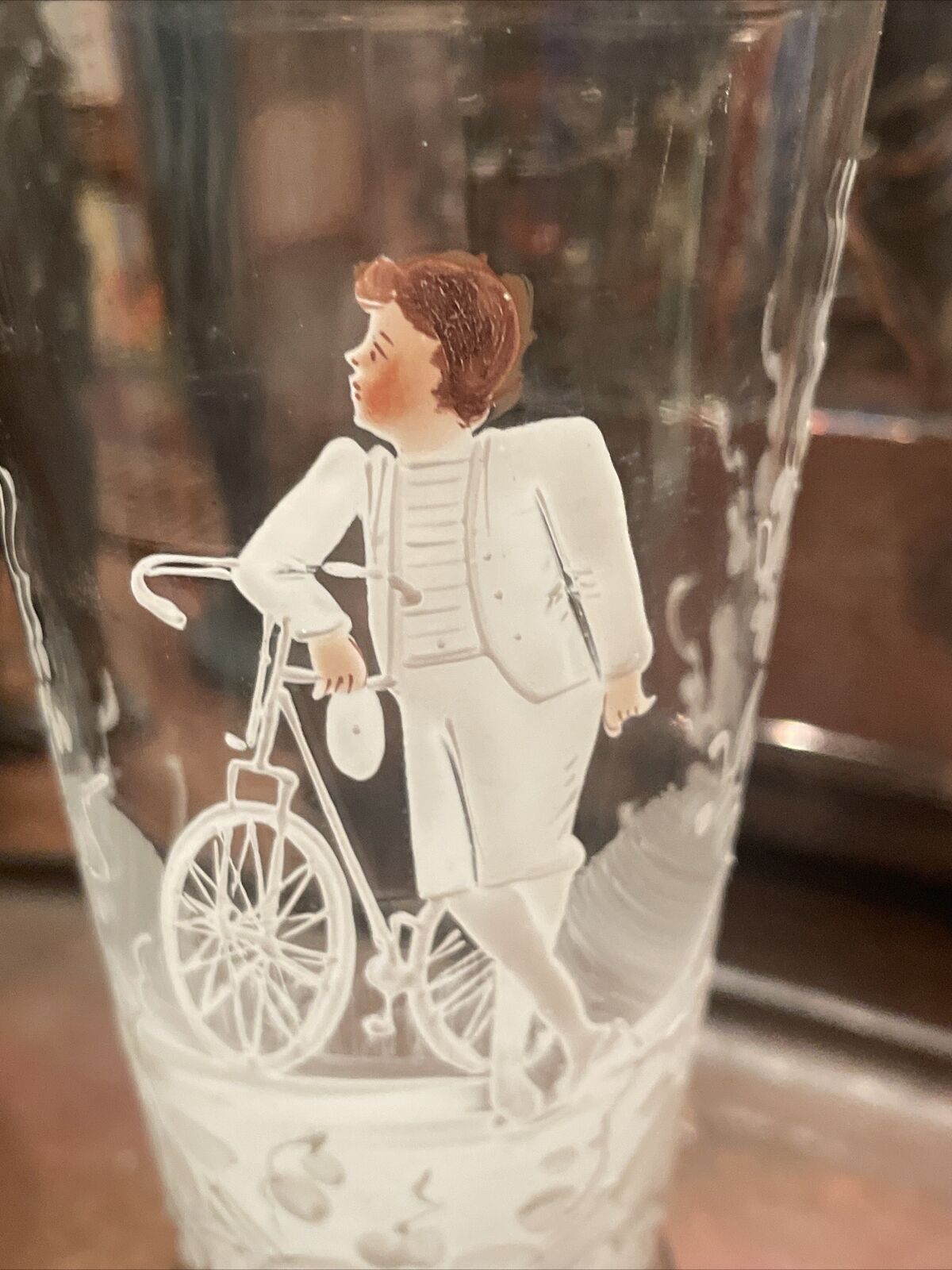 Boy & Antique Bicycle Victorian Mary Gregory Glass Vase Hand Painted circa 1900