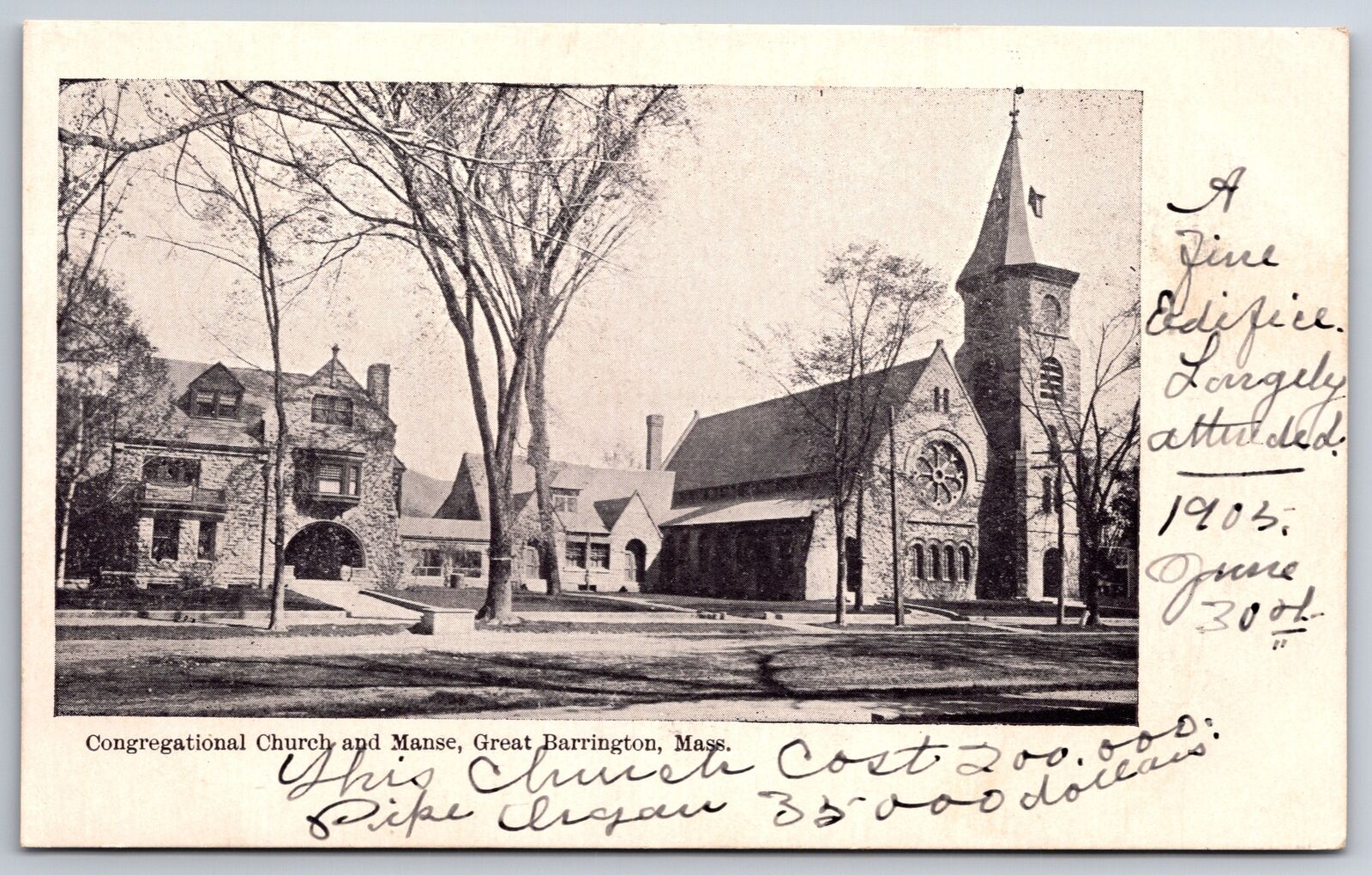 Great Barrington Massachusetts~Congregational Church & Manse~1905 B&W Pc