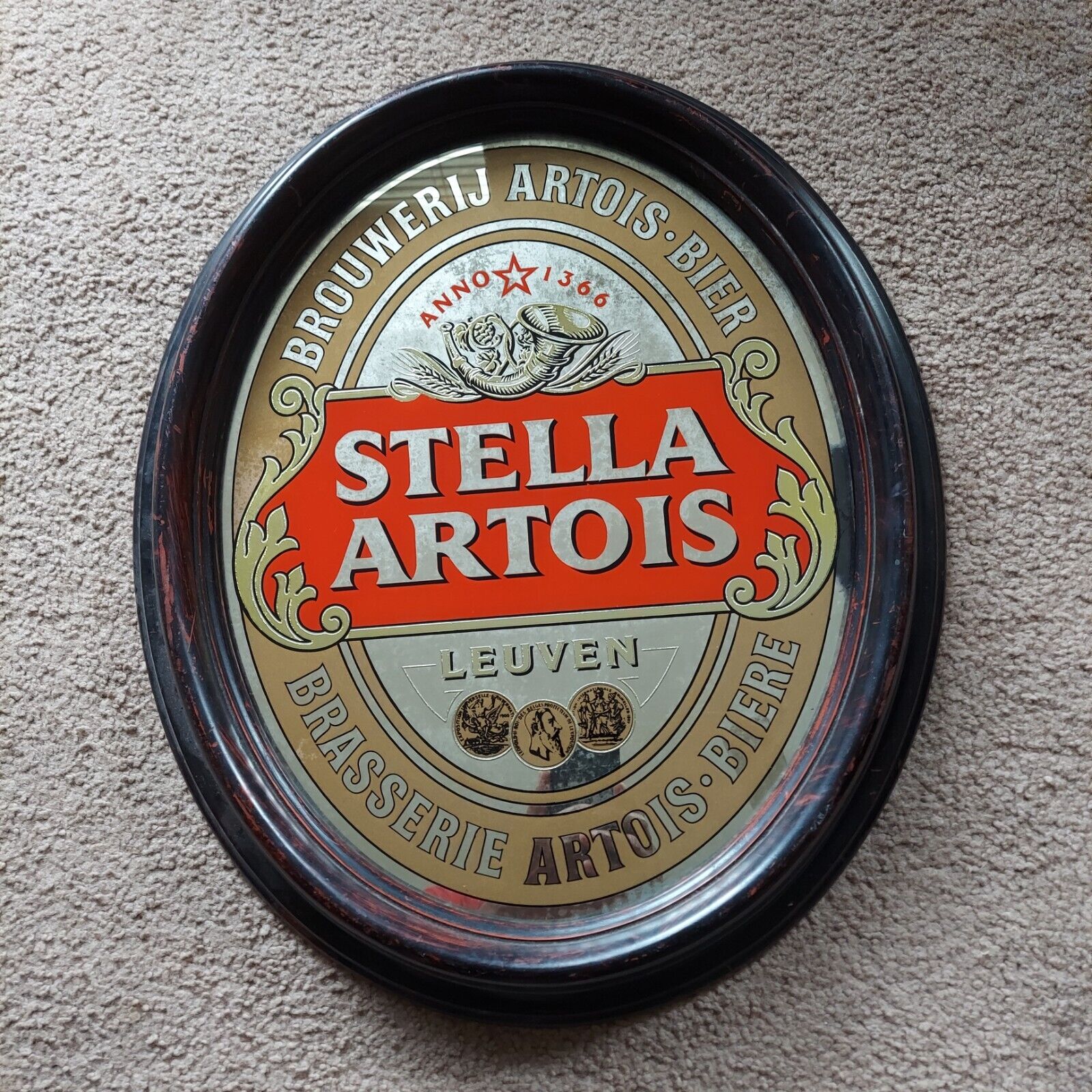 Vintage Stella Artois Beer Mirrored Bar Sign Framed Large 23.in x 19in oval