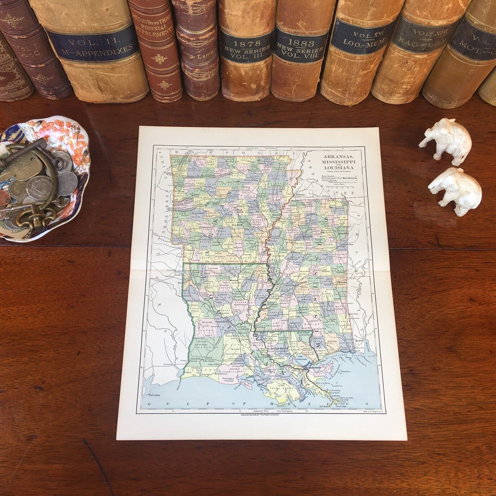 Original 1882 Antique Map LOUISIANA ARKANSAS MISSISSIPPI New Orleans Hattiesburg