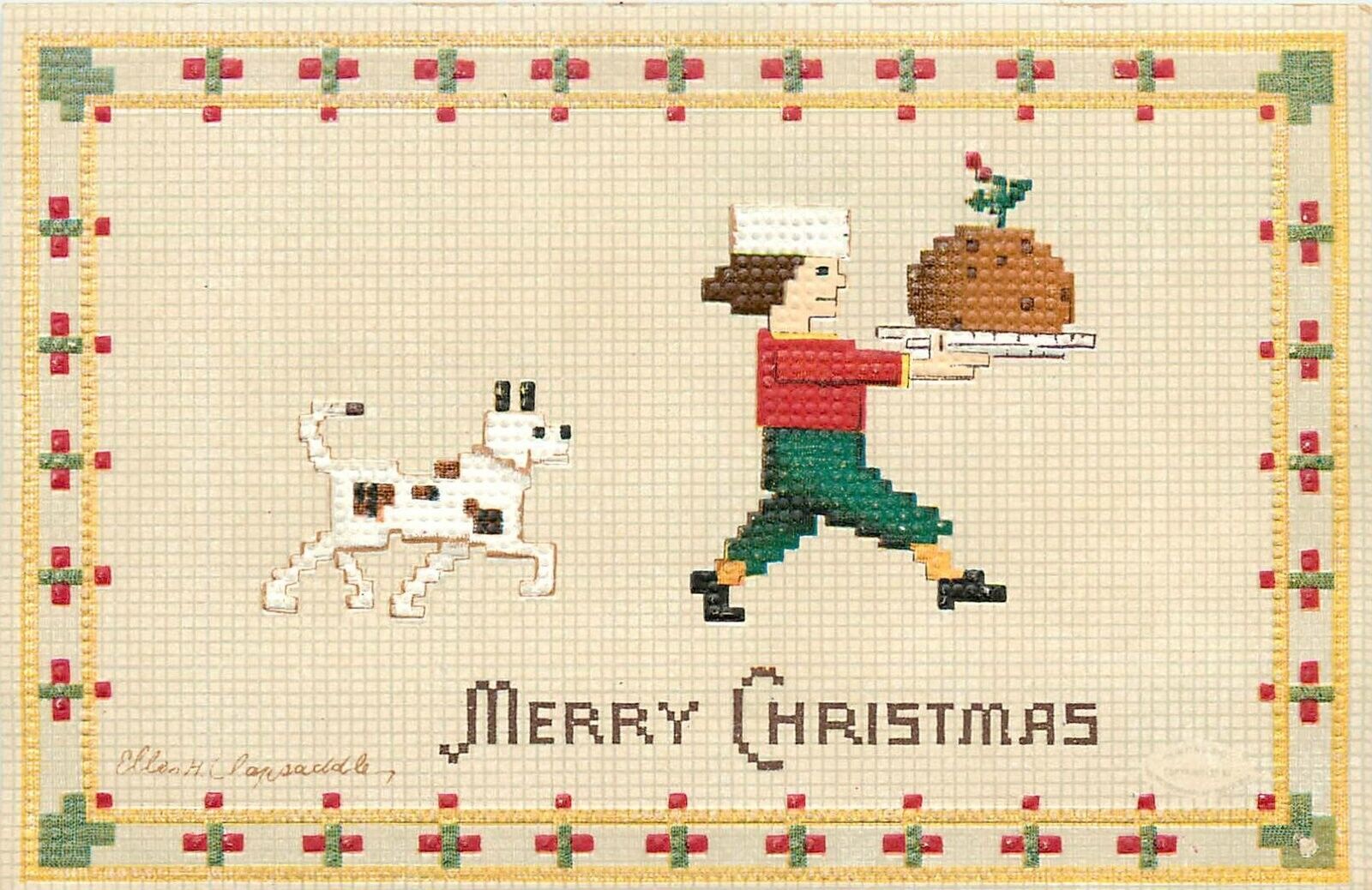 Postcard C-1910 Ellen Clapsaddle Needlepoint Christmas dog International 24-6374