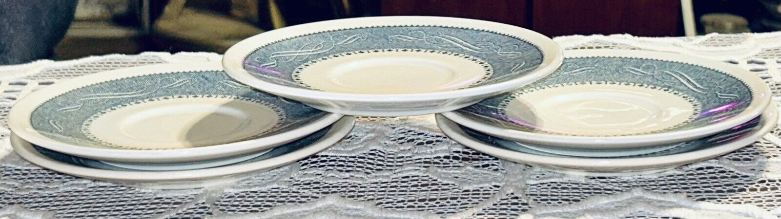 5 Vintage Royal Currier & Ives Style Saucers Blue and White Ceramic