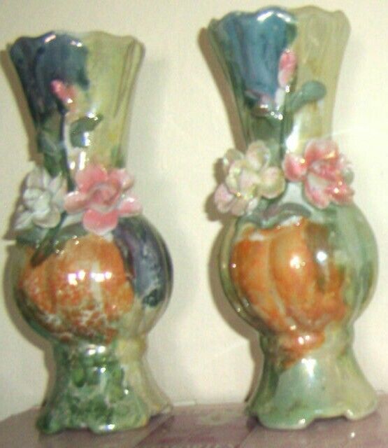 Vintage Collectible 2 Piece Watercolor-like Iridescent 3D Flowers Floral Vase