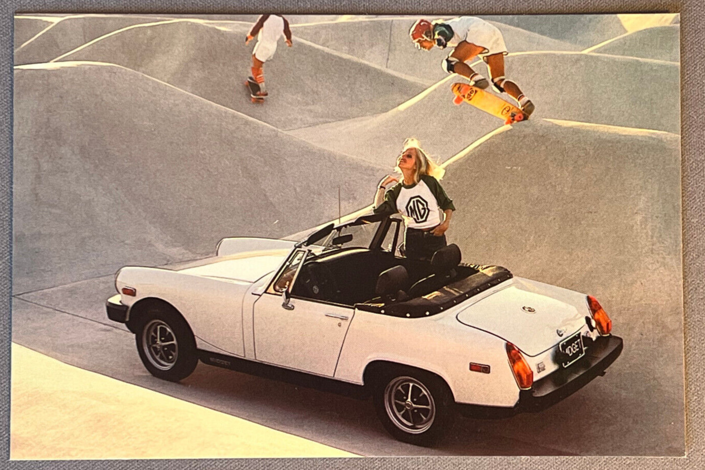 MG Midget Car Automobile, British Leyland, Skateboard Park, ca 1970 Postcard