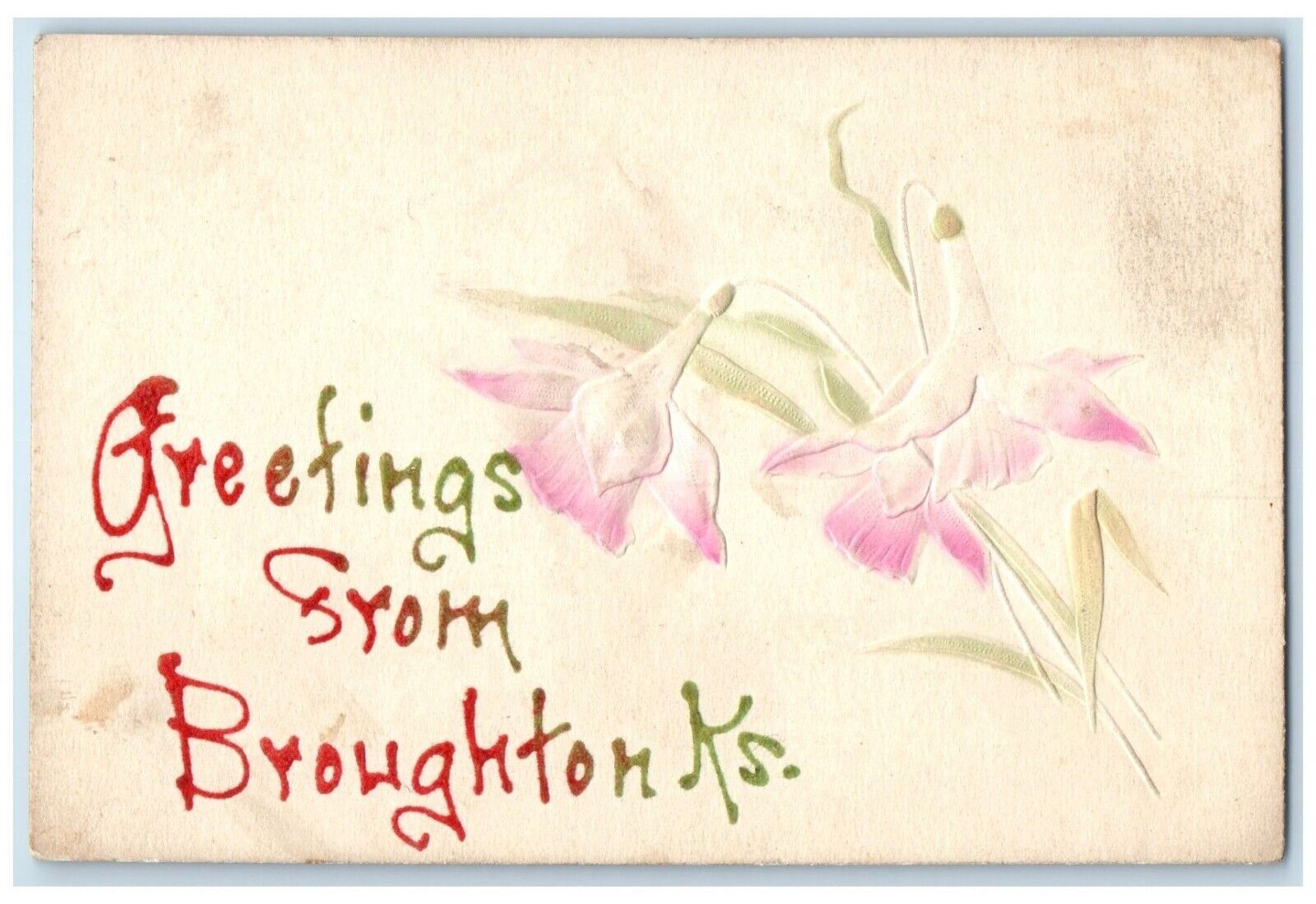 c1910 Greetings From Broughton Kansas Flower Embossed Glitter Vintage Postcard