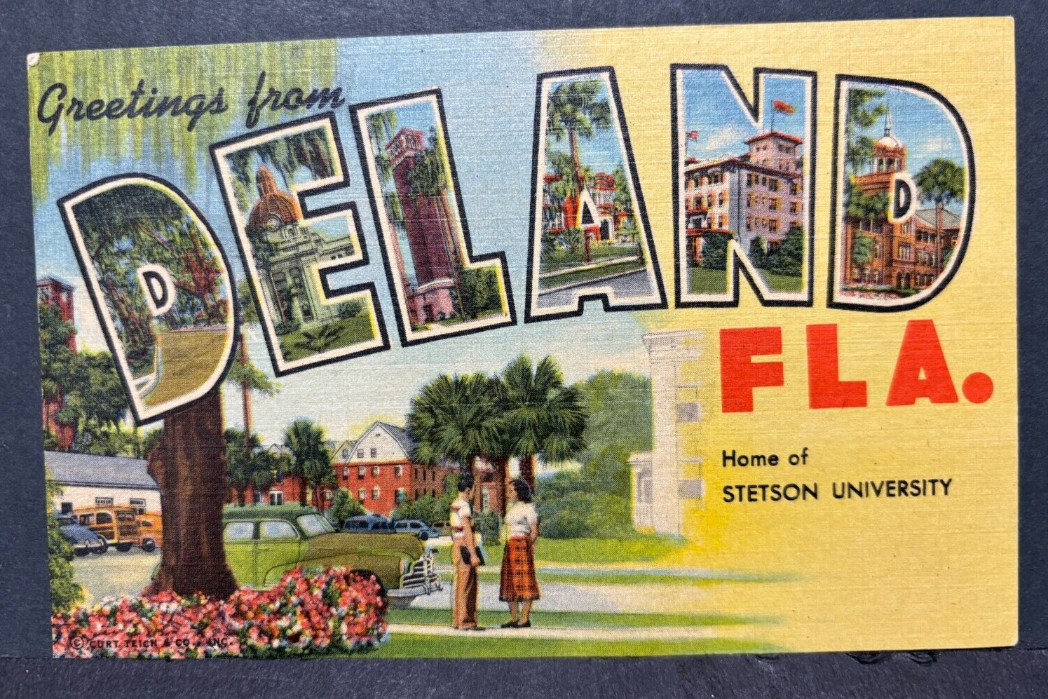 Postcard Deland Florida FL Stetson University Large Letter Linen