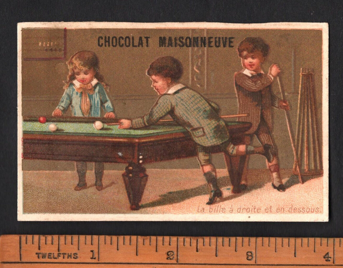 Children Playing Billiards Very Rare French Chocs Calendar Trade Card 1887 Sport